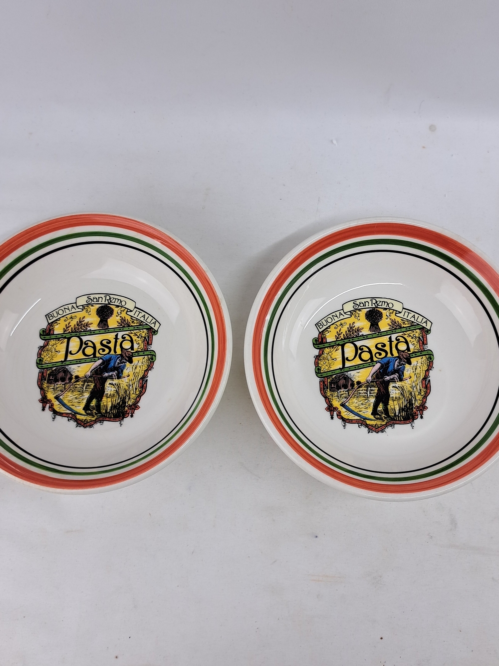 Pasta Bowls - Italian Decorative Ceramic Set (White with Red & Green)